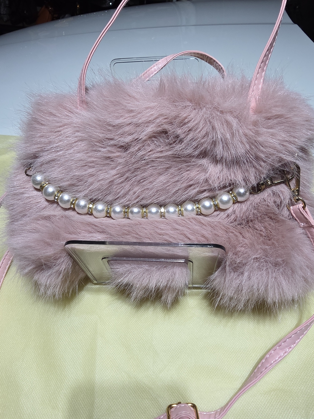 Source Unknown Pink Faux Fur Shoulder Bag with Pearl Chain
